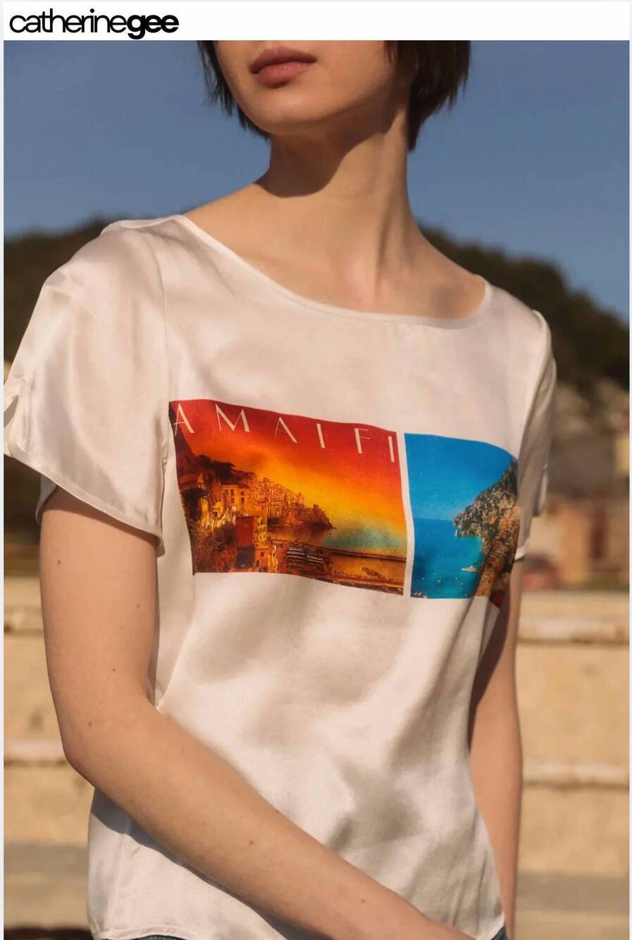 NEW CATHERINE GEE postcard silk tee in amalfi coast